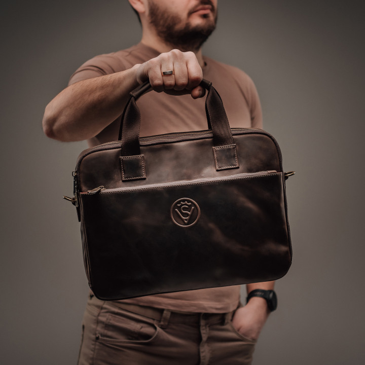 Чоловічий портфель L з натуральної шкіри (VS008) коричневий матовий